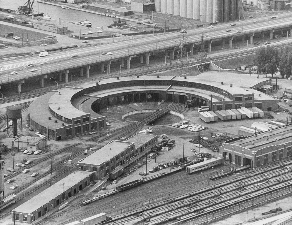 An aerial view of the CPR John Street Roundhouse Complex in the mid-1970’s, around the time when John Clarke began working as locomotive foreman. Courtesy of the Helmut G. Osterman Collection.