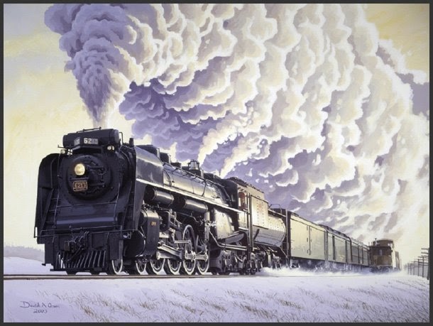 Painting of 6213 done in muted colours. The locomotive pulls a train while steam and blowing snow billow behind it.