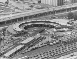 aerial view of the John Street Roundhouse in the mid 1970s, around the time when John C. Clarke was made locomotive foreman.