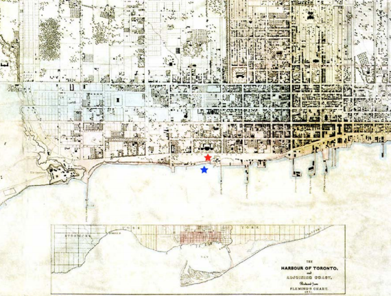 Sketched map of 1851 Toronto. Two star shapes have been overlaid digitally.