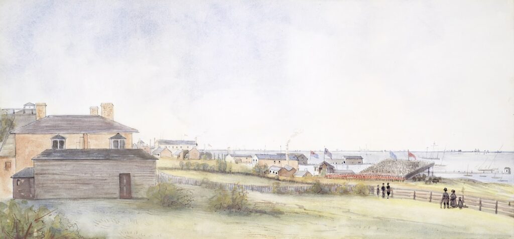 Horizontal watercolour of the sod-turning event viewed from a distance.