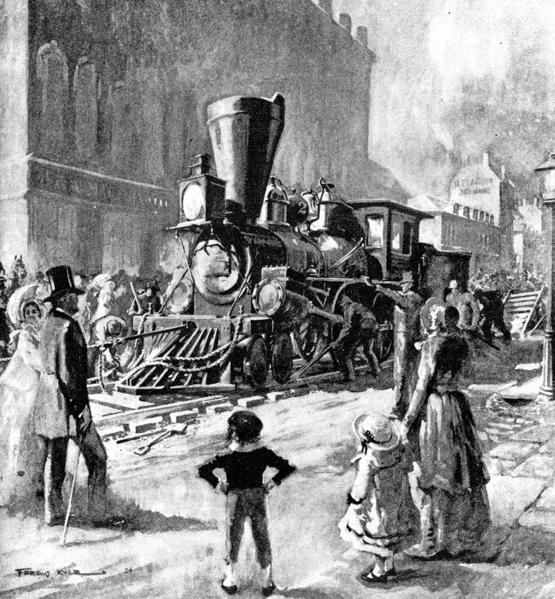 Drawing of a crowd gathered in the street, watching workers push and pull a locomotive.