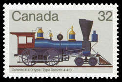Canadian postage stamp with an old-fashioned locomotive on it,