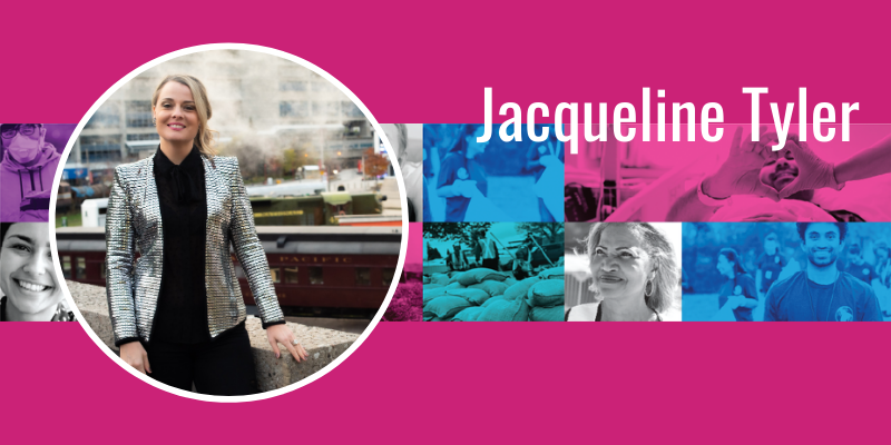 Pink graphic with a photo of Jacqueline, who has blonde hair and is wearing a silver sequined blazer.