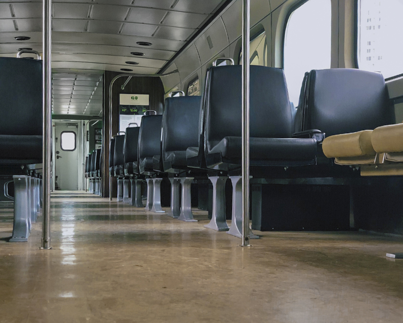 Celebrate National Train Day with the Toronto Railway Museum - interior of GO cab car with empty seats