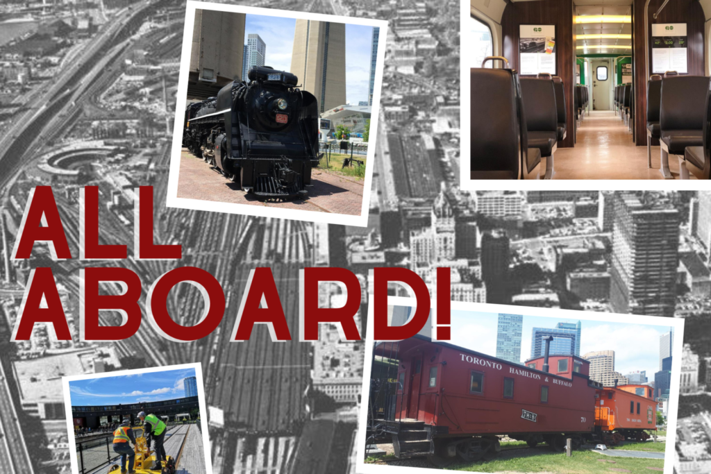 a collage of photos of dofferent railway equipment and locomotives. overlaid text reads :all aboard!"