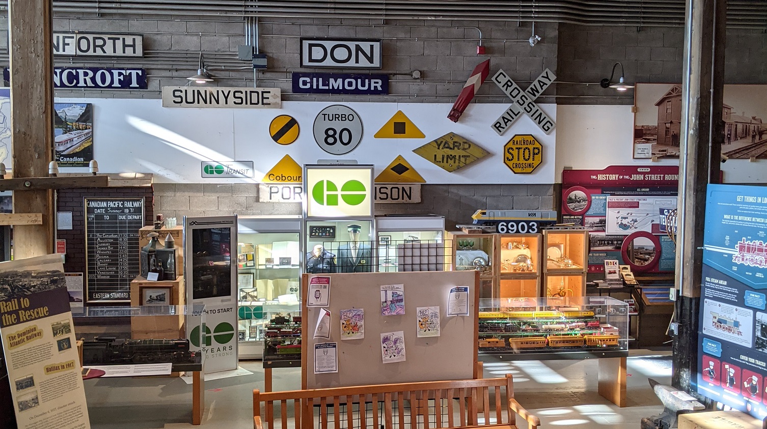 Celebrate International Museum Day with the Toronto Railway Museum! Image shows busy interior of the museum with many railway signs, exhibits and drawings.