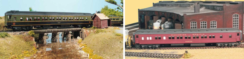 Two images of BGR model cars, left shows green passenger car over a bridge and right shows red car next to a roundhouse