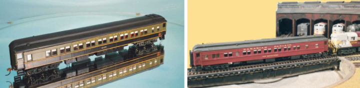 Two images of BGR model cars, left shows green passenger car on a reflective surface and right shows red car next to a roundhouse