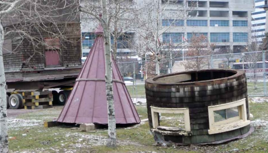 Don Station's "witches hat" turret is in two pieces on the grass at the Toronto Railway Museum.