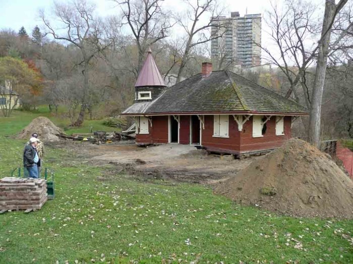 Don Station at Todmorden, surrounded by large piles of dirt. The dirt was dug up from under the station's foundation, in preparation of it's big move to the Toronto Railway Museum.