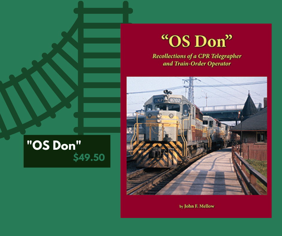 Green graphic with cartoon railway track designs showcasing the book cover. Overlaid text reads "OS Don, $49.50".