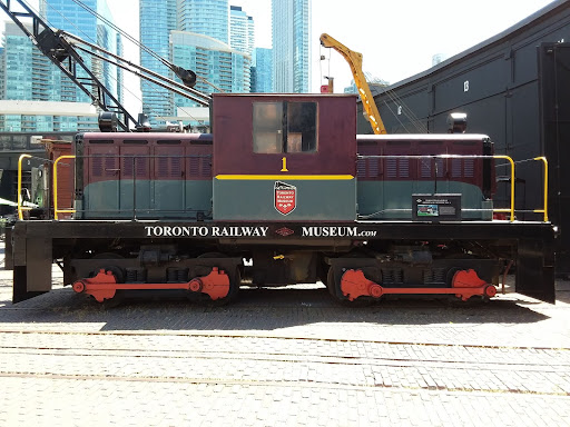 No. 1, a diesel-electric switching locomotive, sits in front of the entrance to the Toronto Railway Museum.