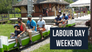 Three groups sit aboard the Mini Train ride wearing face