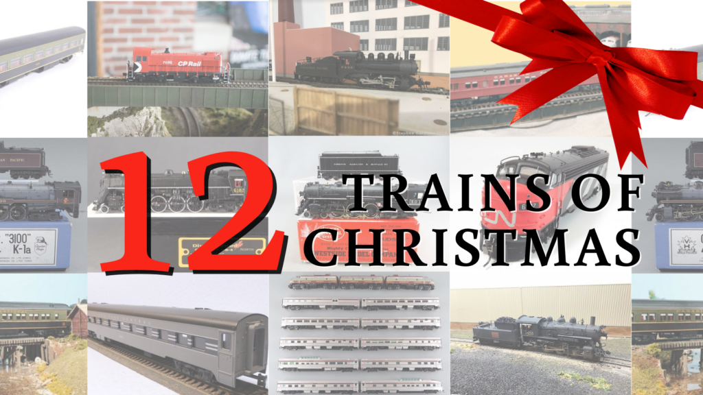 Collage of model trains with text that reads "12 trains of christmas"