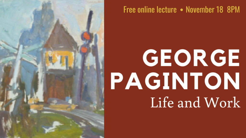 A close-up section of a George Paginton painting depicting a colourful railway building and crossing signal. Text reads “george paginton: life and work” Free online lecture, November 18 8 P.M.”