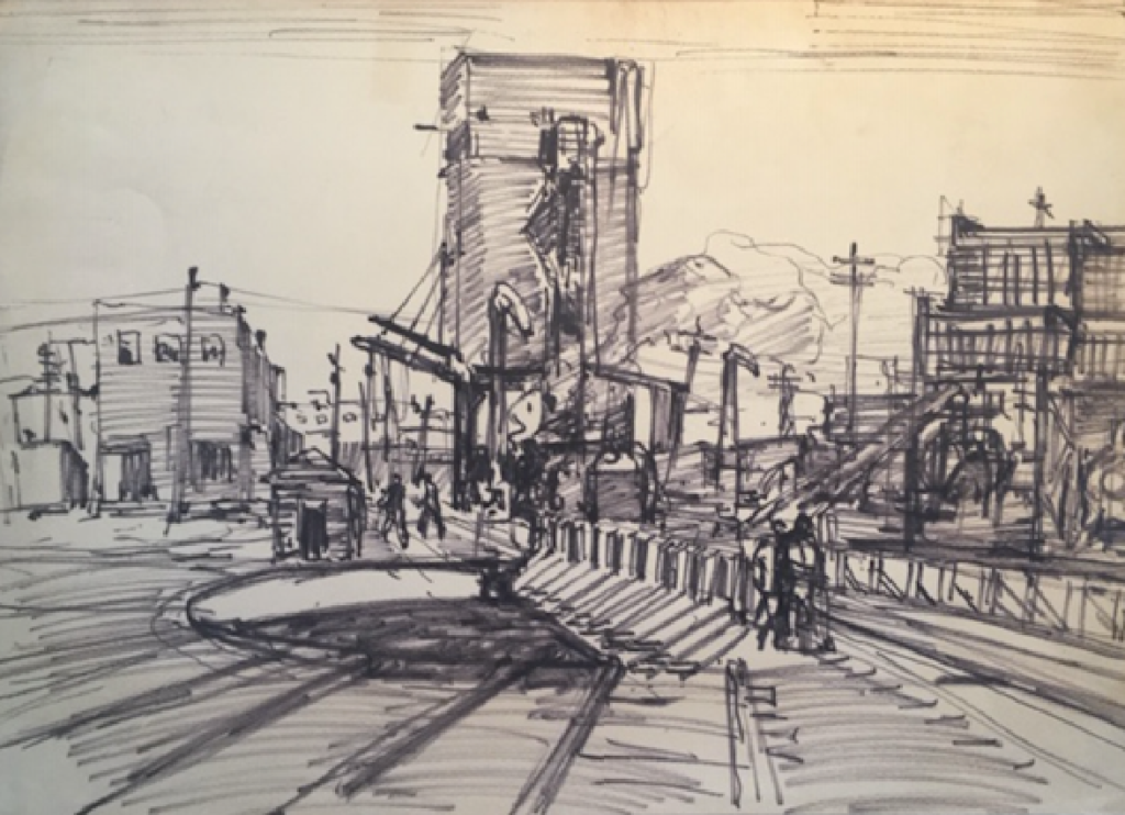 Pen sketch depicting the turntable, coal tower, roundhouse, and railway workers at the john street roundhouse.