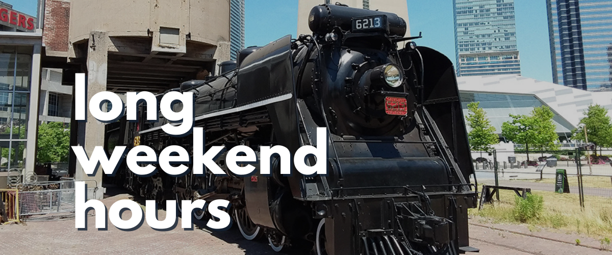 Black steam locomotive. Text reads Long weekend Hours