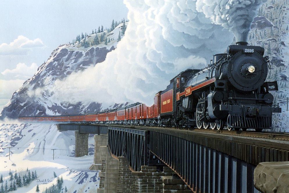Painting of a steam locomotive travelling across a snowy bridge