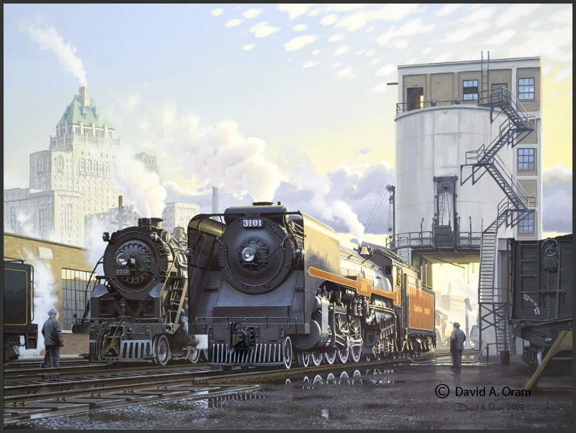 Painting of two steam locomotives with a sanding coal tower in the background.