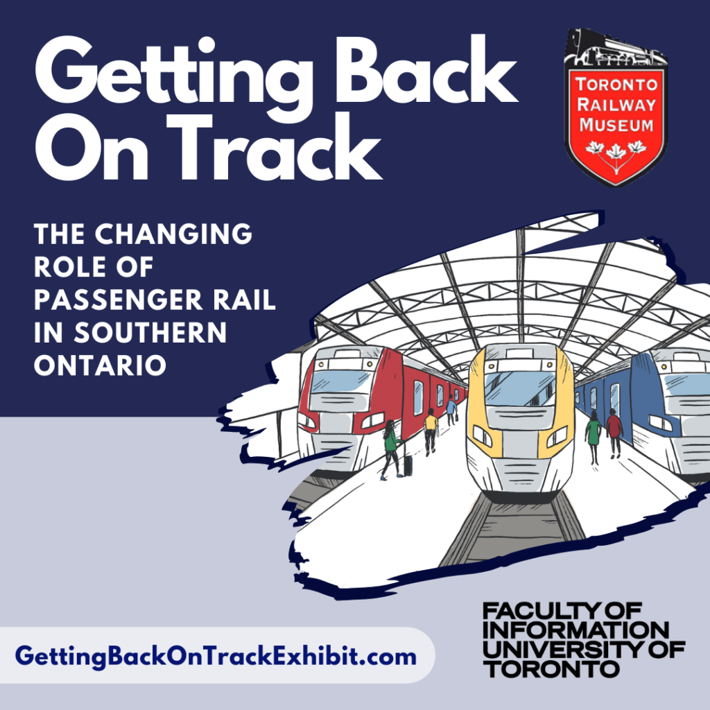Graphic promoting digital exhibit. Text reads Getting Back On Track: The Changing Role of Passenger Rail in Southern Ontario. Getting Back on Track dot com