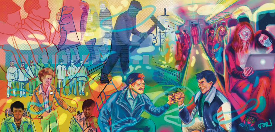 Colourful mural of a collage of railway passengers