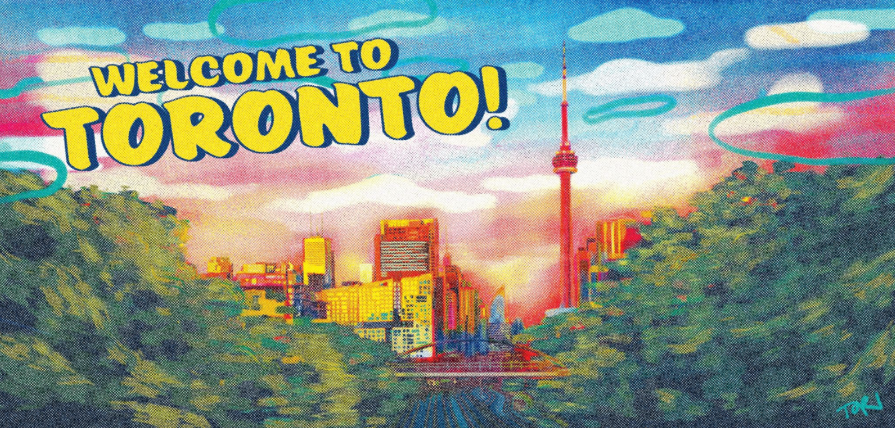 Postcard-style mural with view of Toronto skyline and text that reads Welcome to Toronto!