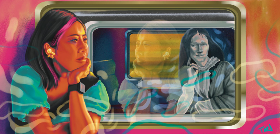 Mural of a contemporary woman looking through a passenger train window to see a historical women in period dress